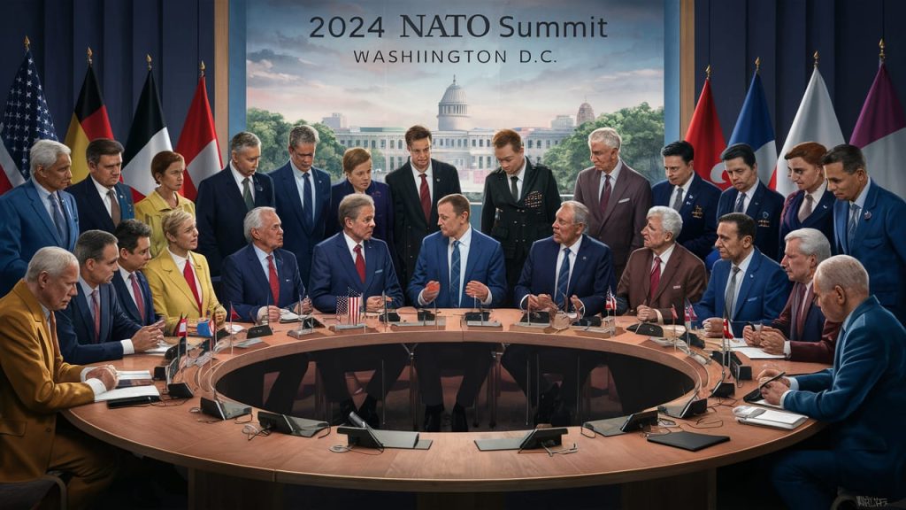 NATO leaders discussing global security at the 2024 NATO Summit in Washington D.C.
