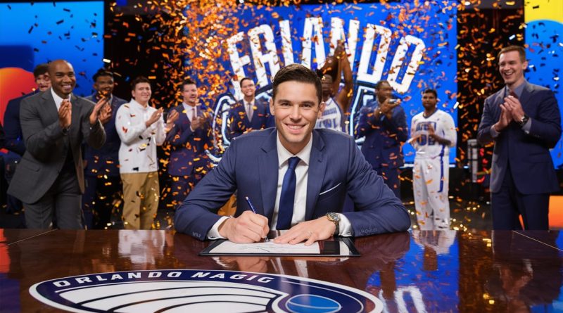 Franz Wagner signing a $224 million rookie max extension contract with the Orlando Magic, surrounded by cheering teammates and confetti.