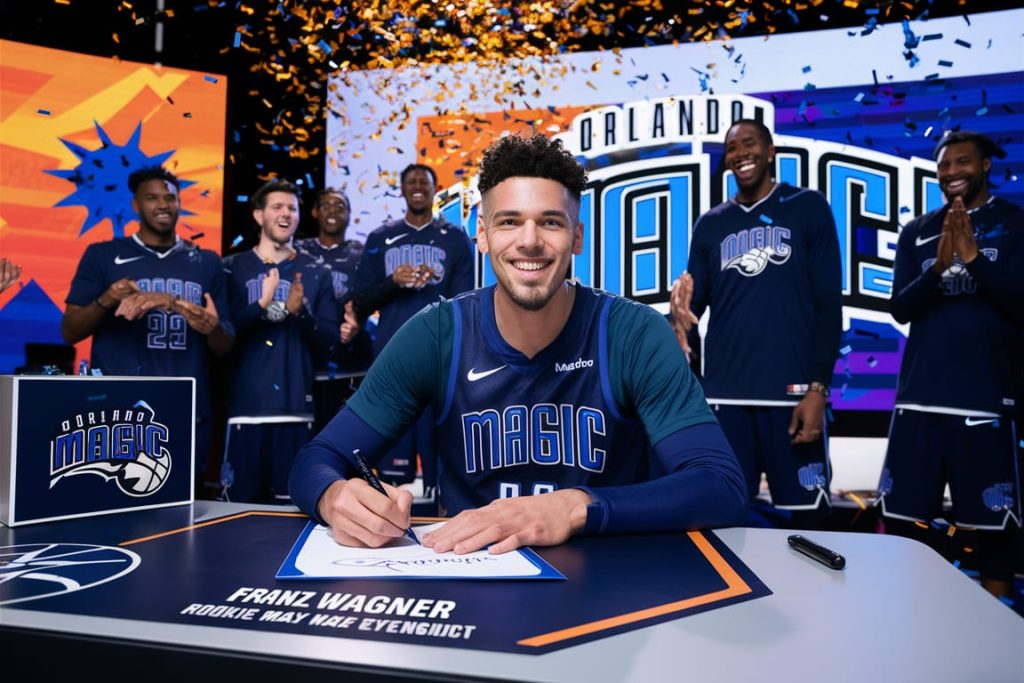 Franz Wagner signing a $224 million rookie max extension contract with the Orlando Magic, surrounded by cheering teammates and confetti.