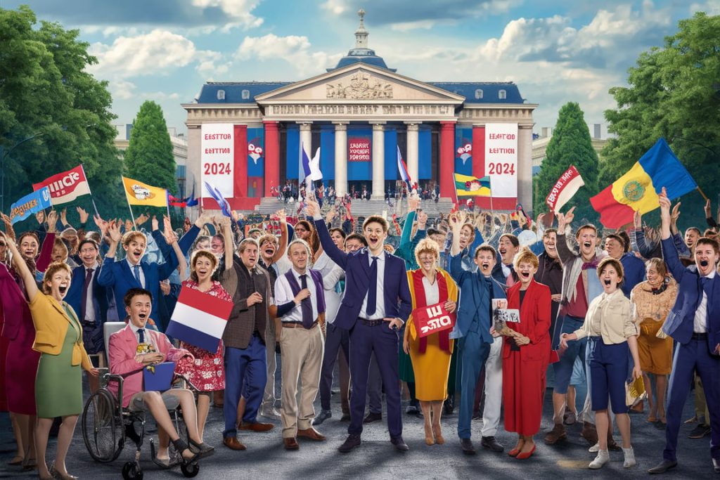 Supporters of left-wing parties celebrating their victory in the 2024 French national election in front of the national assembly building.