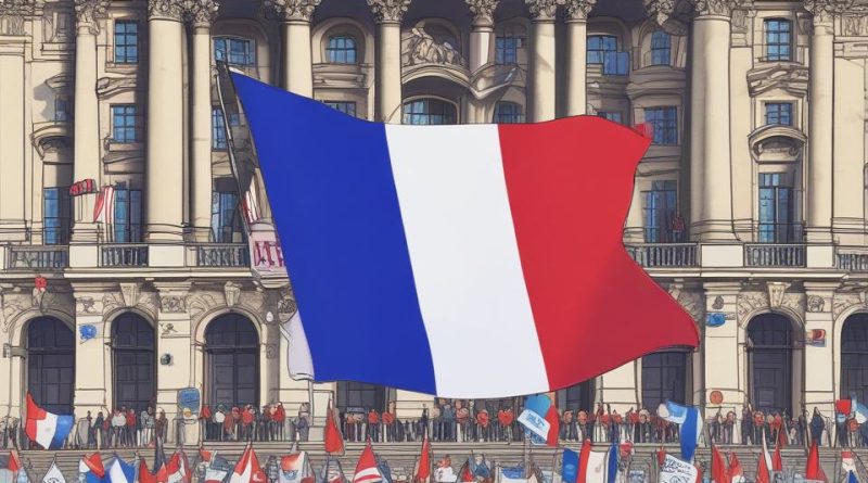 Supporters of left-wing parties celebrating their victory in the 2024 French national election in front of the national assembly building.