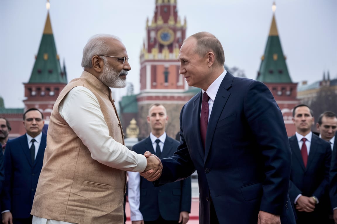 Indian Prime Minister Narendra Modi shaking hands with Russian President Vladimir Putin during an official state visit to Russia, with the Kremlin in the background.