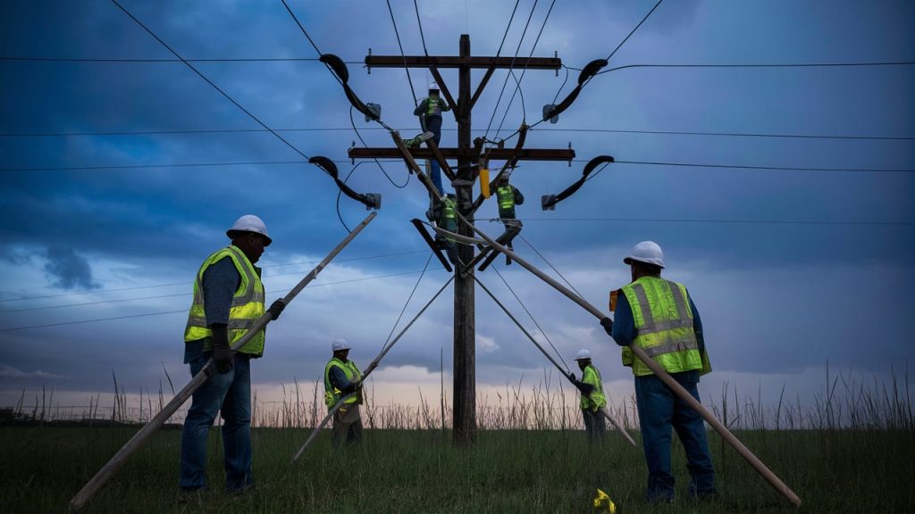 Utility workers repairing power lines in Houston during a storm