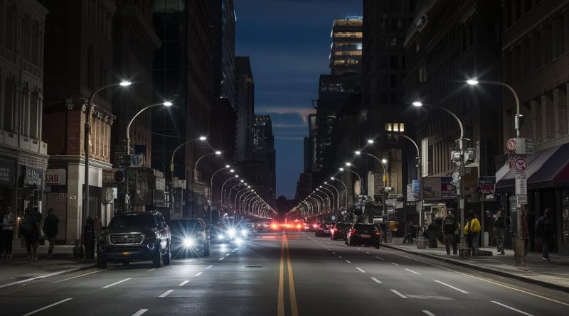 Houston street in darkness with people using flashlights during a power outage.