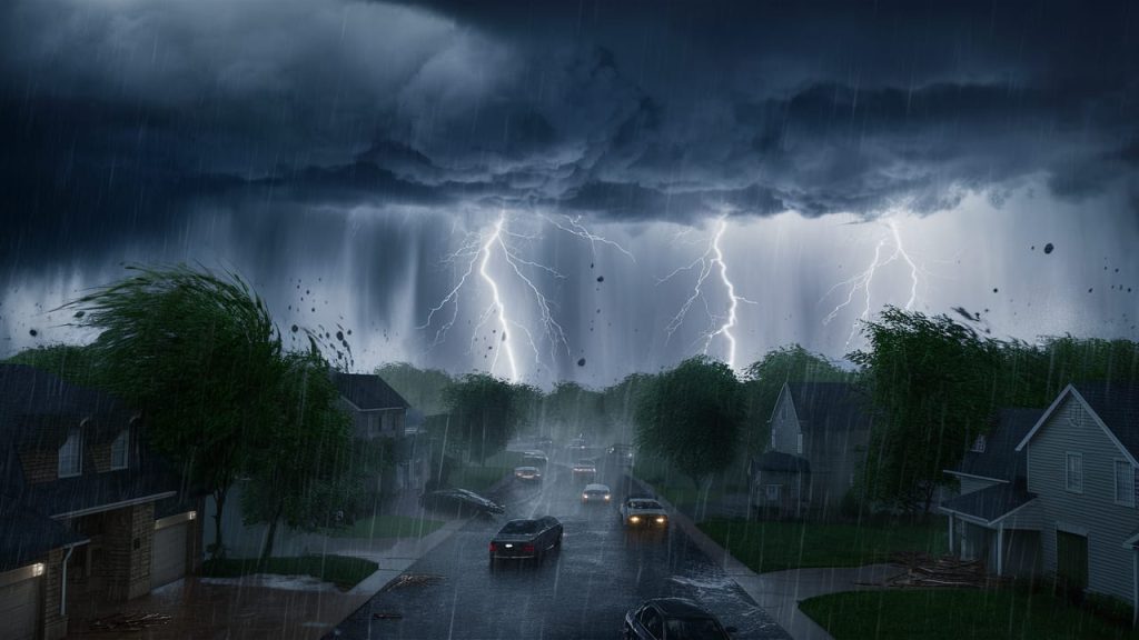 Severe storm with dark clouds, lightning, and heavy rain in a suburban neighborhood