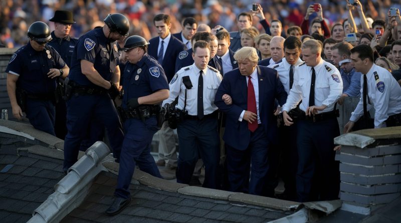 Police securing a rooftop after an assassination attempt during a Trump rally.