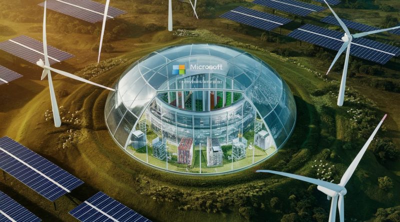 An innovative data center powered by renewable energy sources like solar panels and wind turbines, showcasing Microsoft's commitment to environmental sustainability.