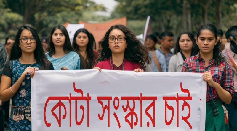 Students holding banners and protesting peacefully on a university campus in Bangladesh