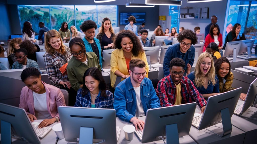 Diverse group learning programming in a classroom.