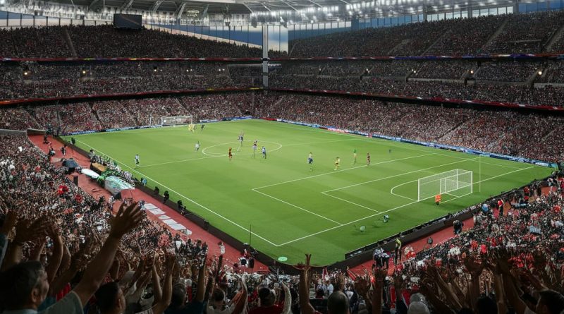 Fans cheering in a stadium during a Copa America 2024 match with players in action on the field.