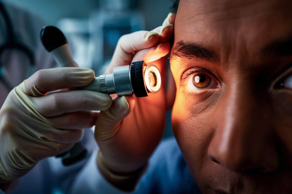 Doctor performing eye check-up on a patient