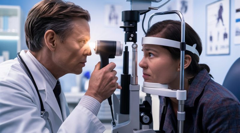 Doctor using an ophthalmoscope to examine a patient's eye.