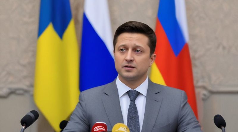 Ukrainian President Volodymyr Zelensky at a press conference, criticizing Indian Prime Minister Narendra Modi's recent visit to Russia, with the Ukrainian flag in the background.