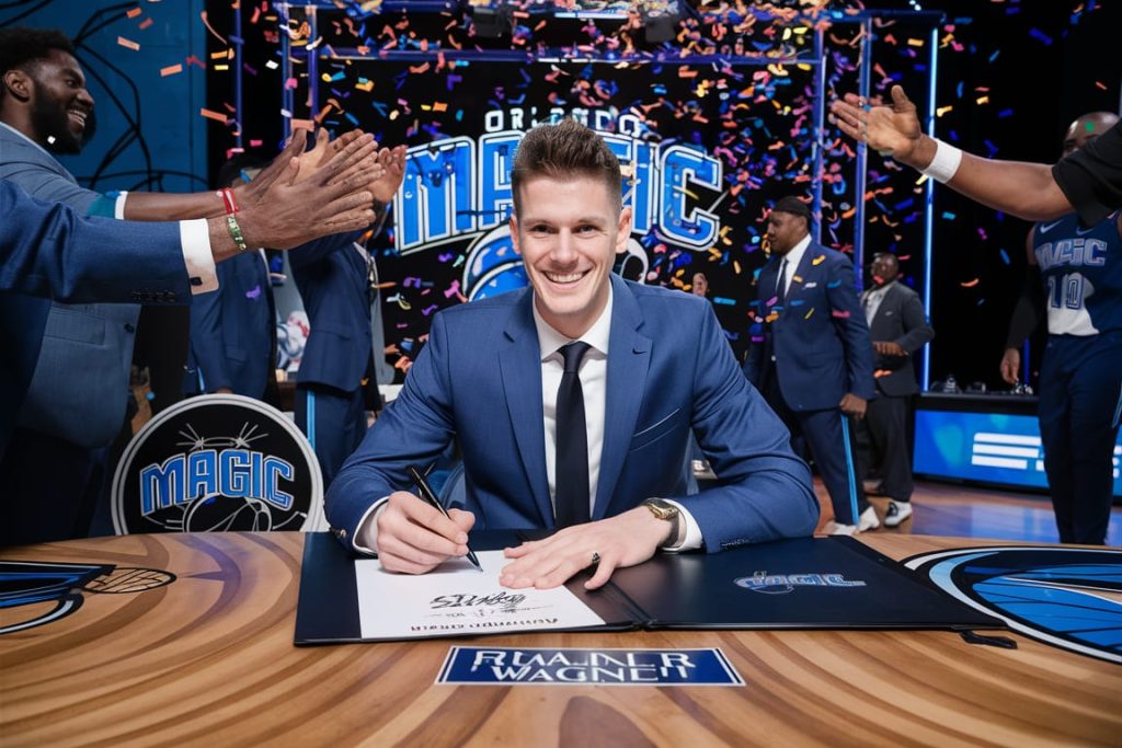 Franz Wagner signing a $224 million rookie max extension contract with the Orlando Magic, surrounded by cheering teammates and confetti.